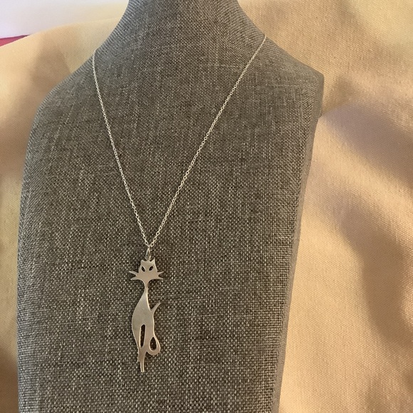 Sterling Silver 925 Signed Middle Century Modern Style Cat Pendant Necklace 18” - Picture 4 of 5